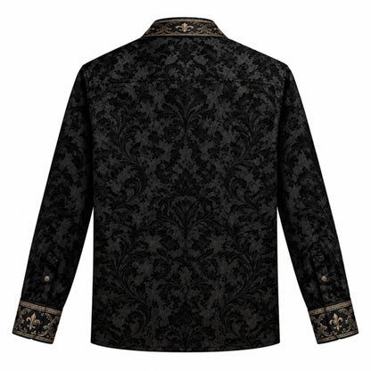 Black Iris Baroque Print Long Sleeve Camp Collar Shirt