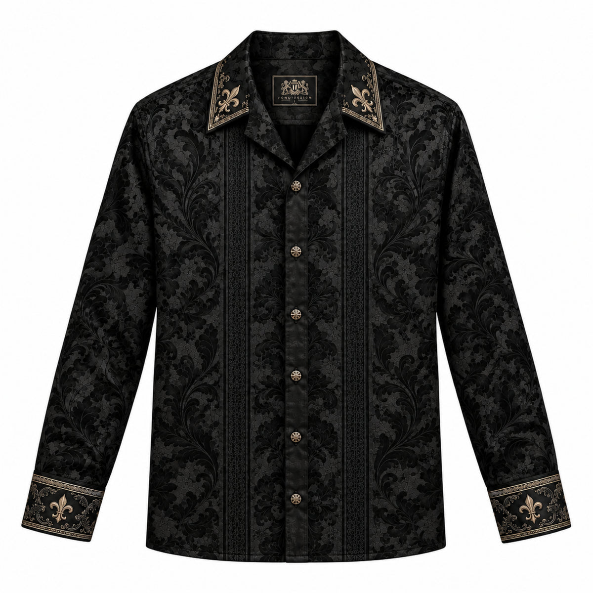 Black Iris Baroque Print Long Sleeve Camp Collar Shirt