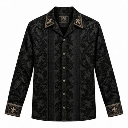Black Iris Baroque Print Long Sleeve Camp Collar Shirt