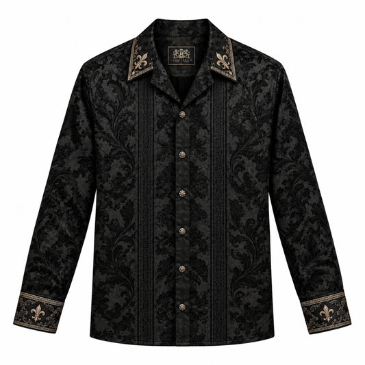 Black Iris Baroque Print Long Sleeve Camp Collar Shirt