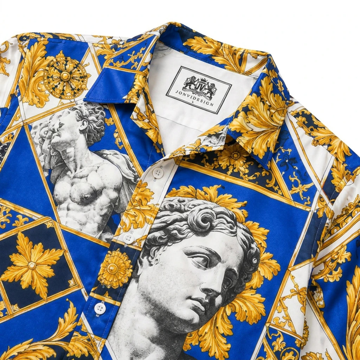 Blue and White Baroque Sculpture Print Long Sleeve Camp Collar Shirt