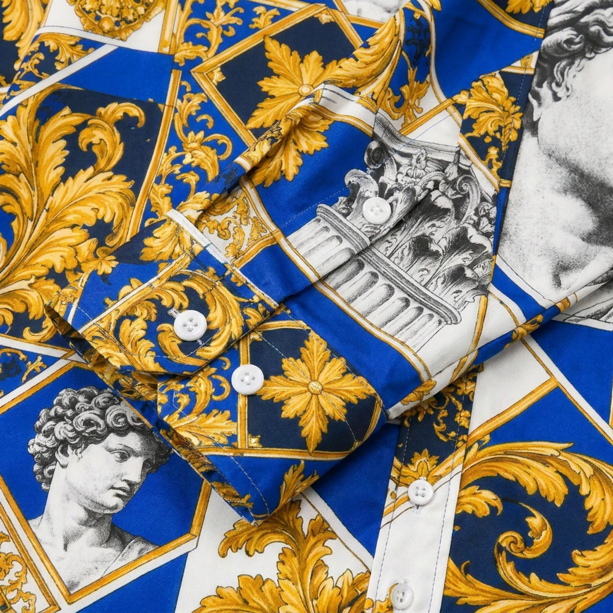 Blue and White Baroque Sculpture Print Long Sleeve Camp Collar Shirt