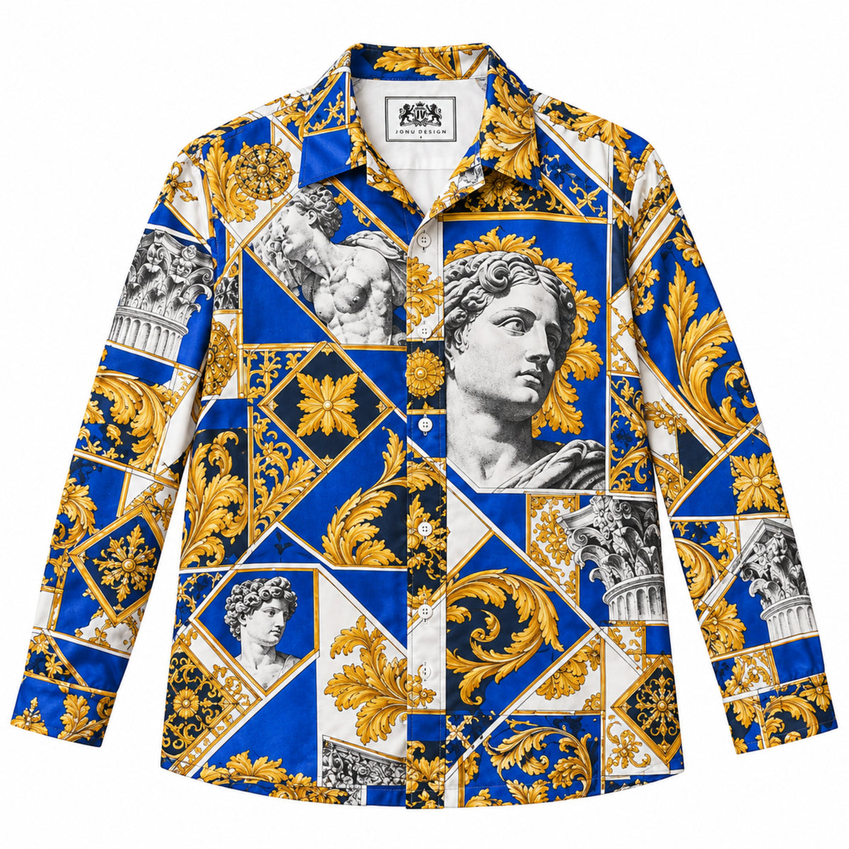 Blue and White Baroque Sculpture Print Long Sleeve Camp Collar Shirt
