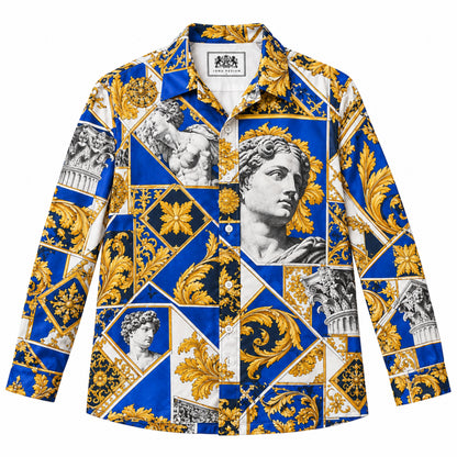 Blue and White Baroque Sculpture Print Long Sleeve Camp Collar Shirt