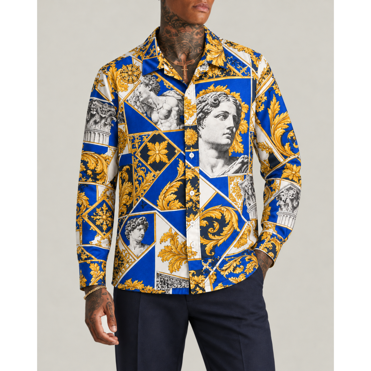 Blue and White Baroque Sculpture Print Long Sleeve Camp Collar Shirt
