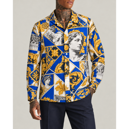 Blue and White Baroque Sculpture Print Long Sleeve Camp Collar Shirt