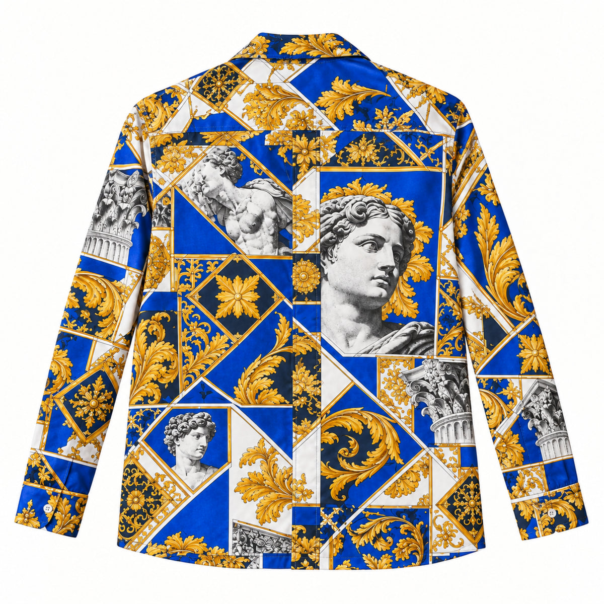 Blue and White Baroque Sculpture Print Long Sleeve Camp Collar Shirt