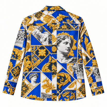 Blue and White Baroque Sculpture Print Long Sleeve Camp Collar Shirt