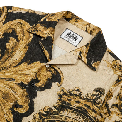 Golden Crown Emblem Lion Baroque Print Long Sleeve Camp Collar Shirt
