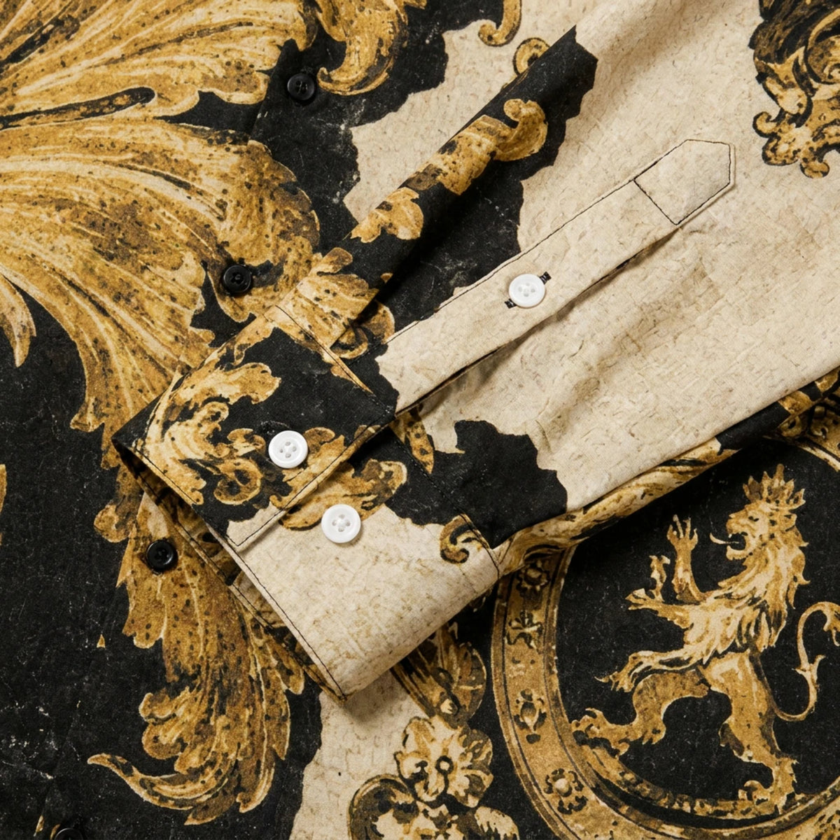 Golden Crown Emblem Lion Baroque Print Long Sleeve Camp Collar Shirt