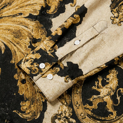 Golden Crown Emblem Lion Baroque Print Long Sleeve Camp Collar Shirt