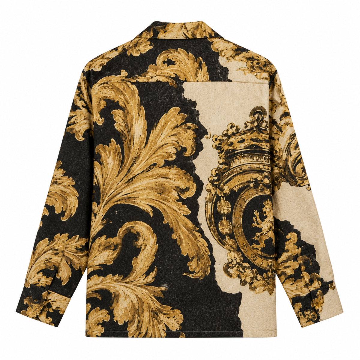 Golden Crown Emblem Lion Baroque Print Long Sleeve Camp Collar Shirt