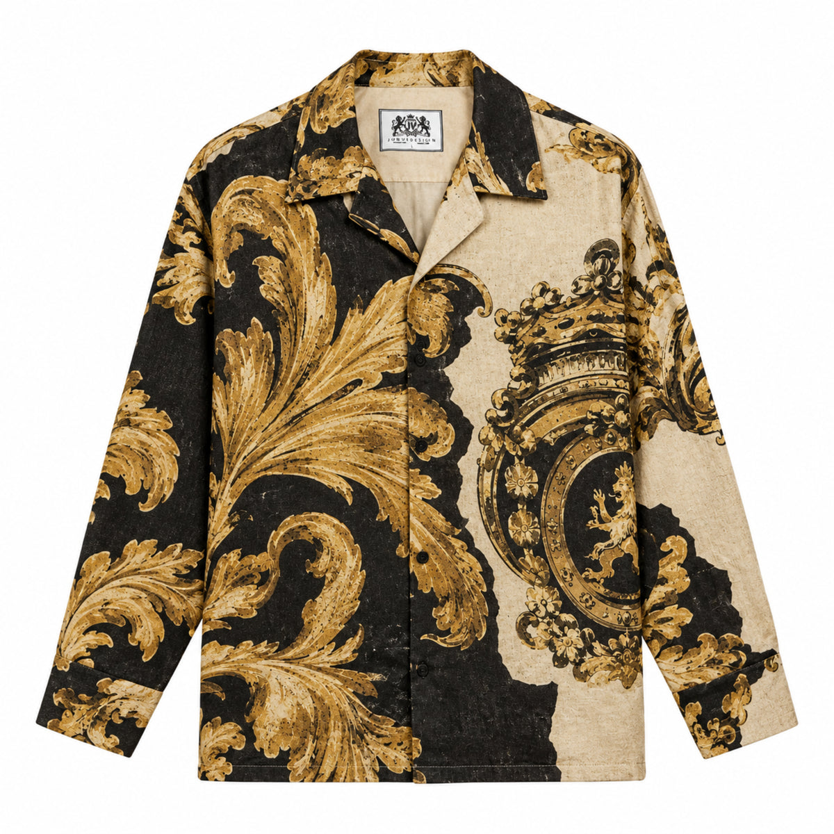 Golden Crown Emblem Lion Baroque Print Long Sleeve Camp Collar Shirt