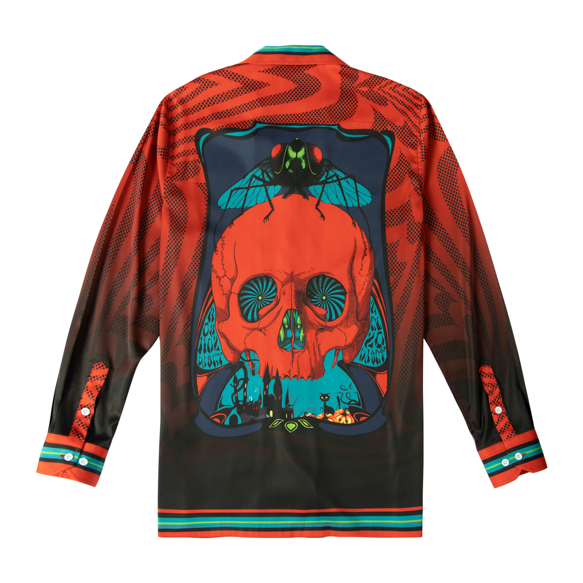 Halloween Fly Skeleton Long Sleeve Camp Collar Shirt