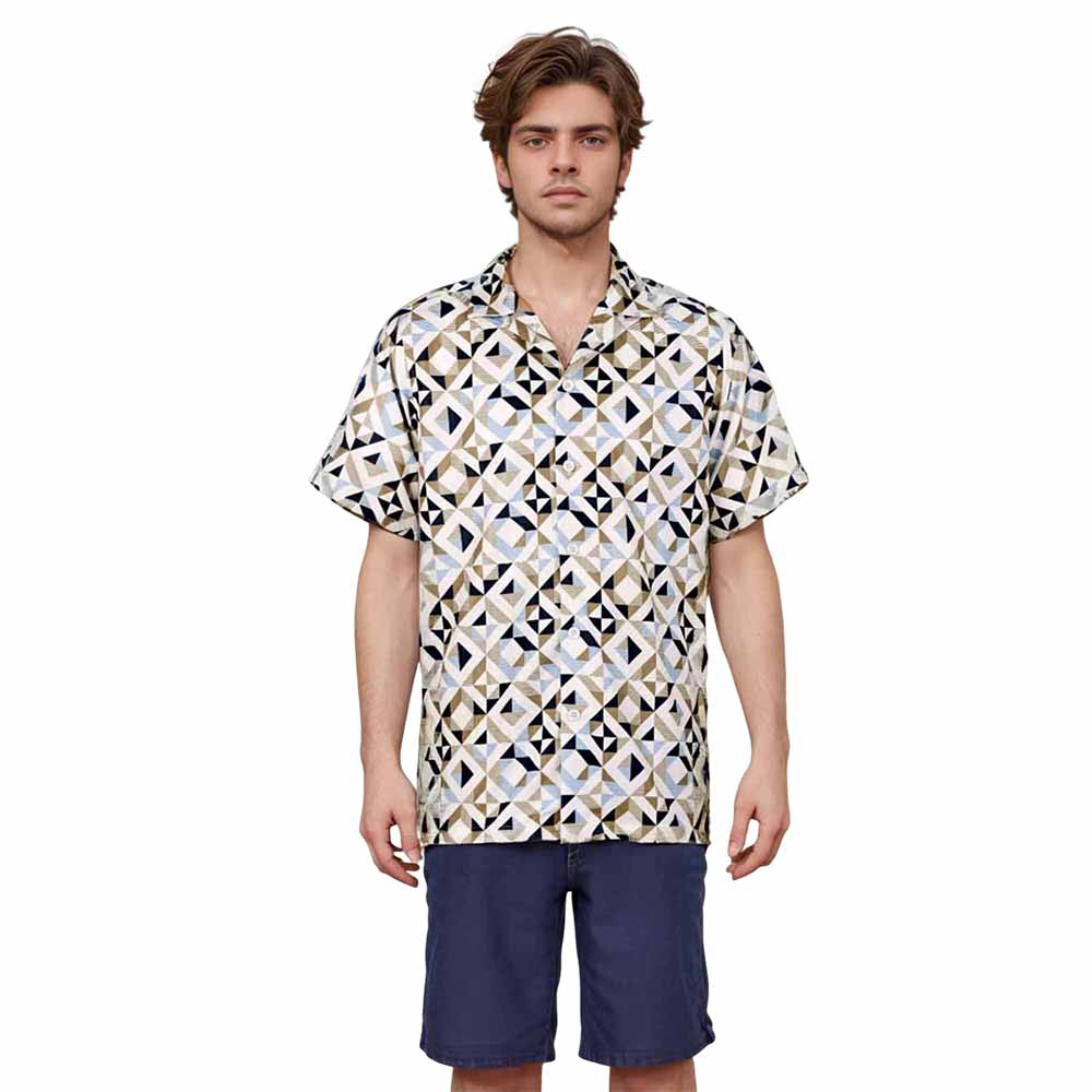 Geometric Square Print Camp Collar Short-Sleeved Shirt