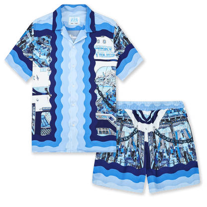 Blue Ferry Pattern Elastic Waistband Casual Shorts Jonvidesign