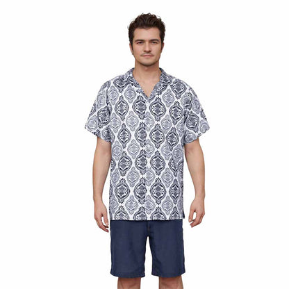 Blue And White Porcelain Pattern Camp Collar Short-Sleeved Shirt
