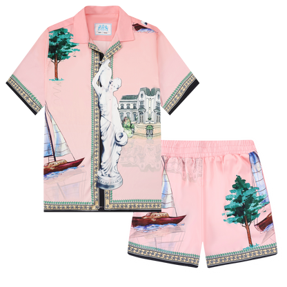 Pink Goddess Statue Pattern Camp Collar Casual Shirt