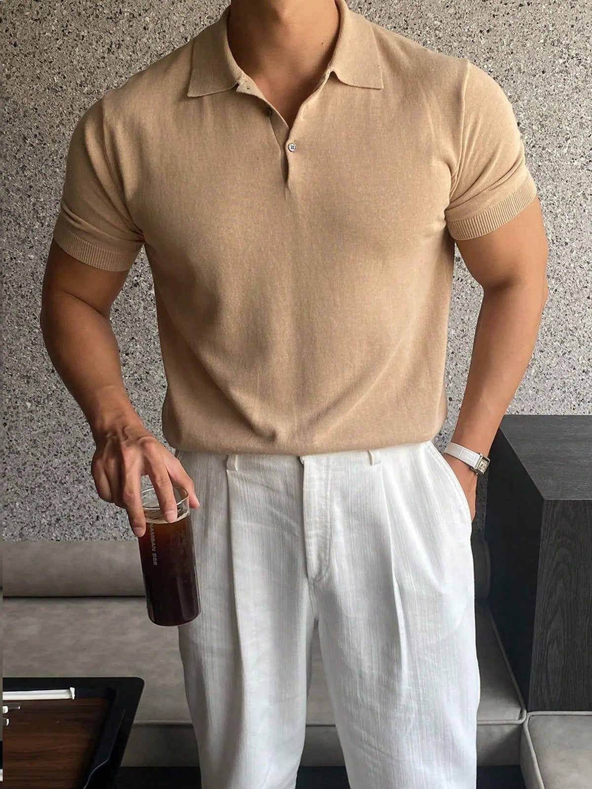Men's Solid Lapel Short‑Sleeve Knit Polo