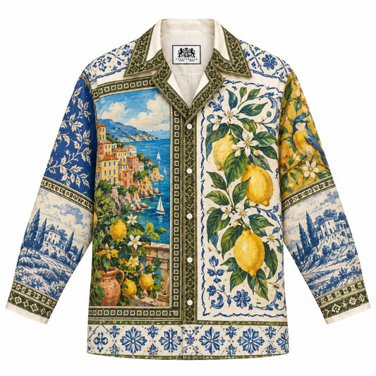 Lemon Coast Oil Painting Print Long Sleeve Camp Collar Shirt