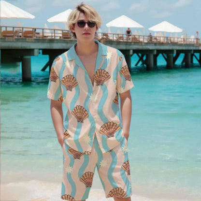 Beach Shell Print Camp Collar Short Sleeve Shirt