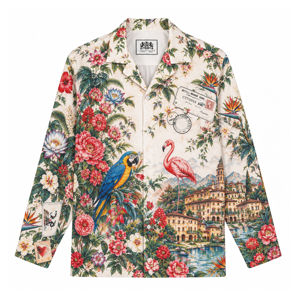 Vintage Tropical Parrot Flamingo Floral Camp Collar Shirt