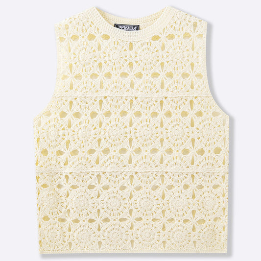 Men's hook-patterned open-weave round-neck sleeveless casual knit pullover shirt