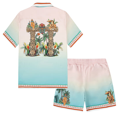 Festival Outfit Tropical Tiki Statue Pattern Waistband Shorts in Pink
