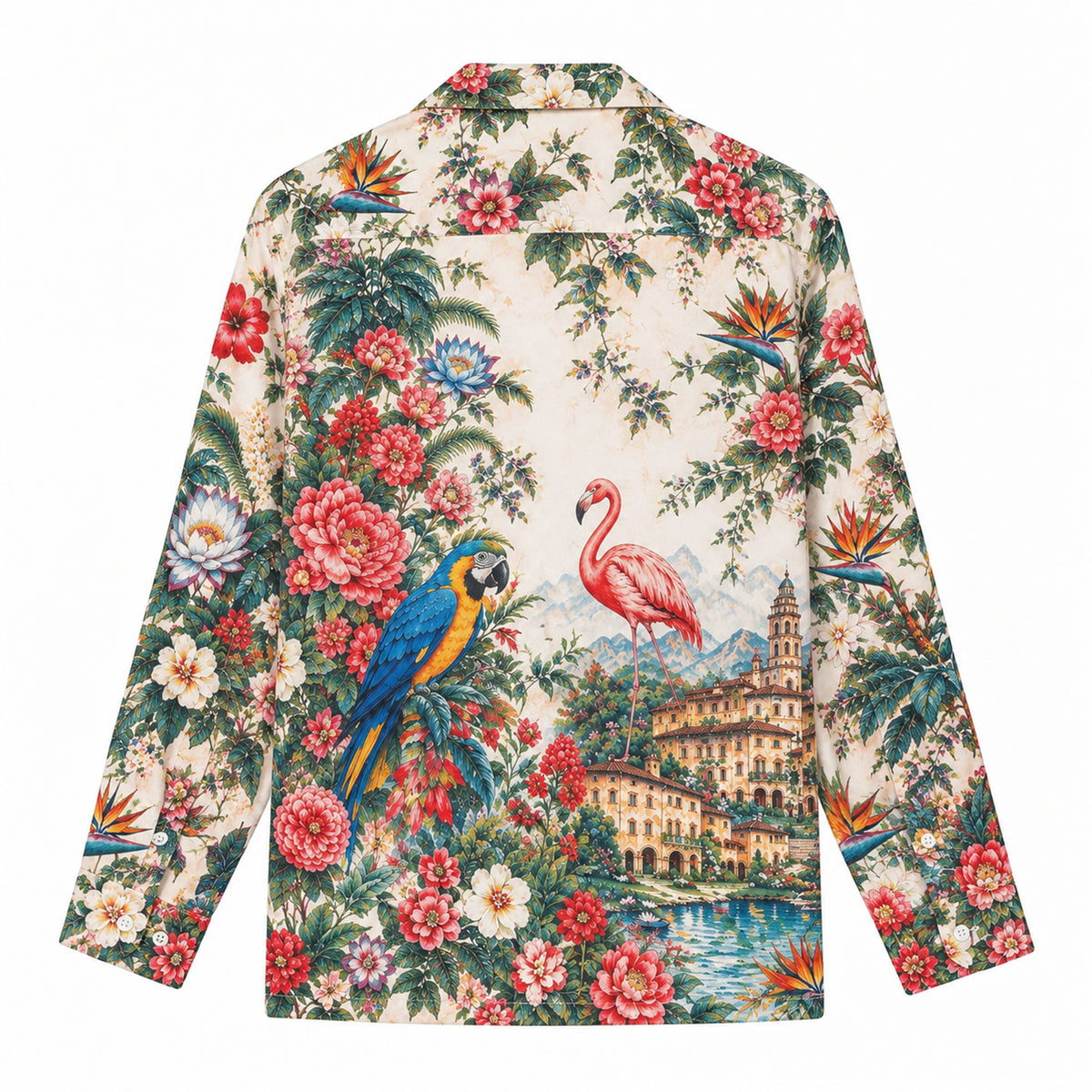 Vintage Tropical Parrot Flamingo Floral Camp Collar Shirt