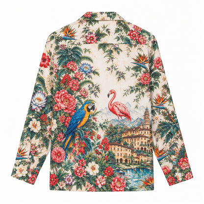 Vintage Tropical Parrot Flamingo Floral Camp Collar Shirt
