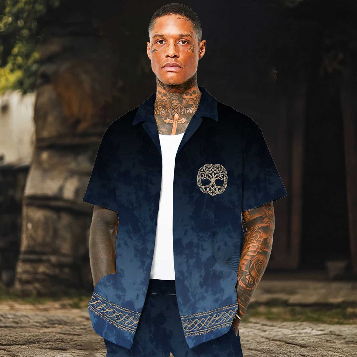 Gradient Blue Viking Tribal Print Camp Collar Short Sleeve Shirt