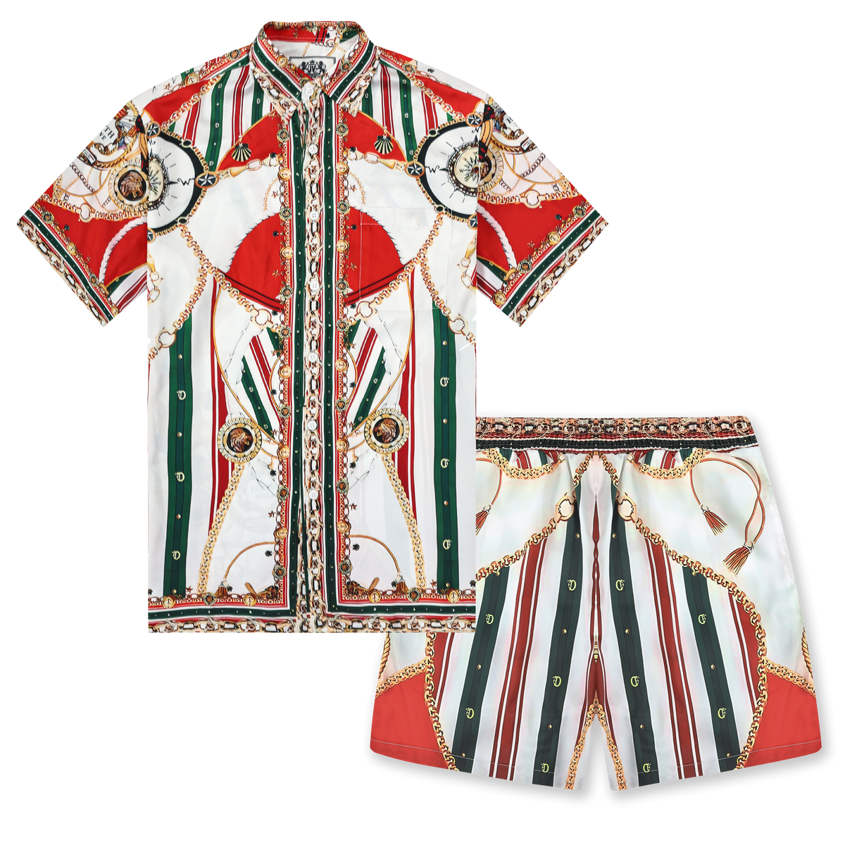 Red Green Chain Pattern Silk Fiber Short Sleeve Shirt