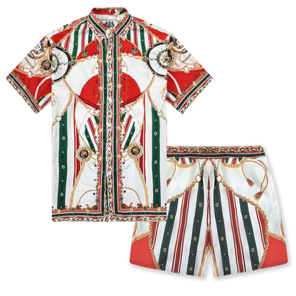 Red Green Chain Pattern Silk Fiber Short Sleeve Shirt