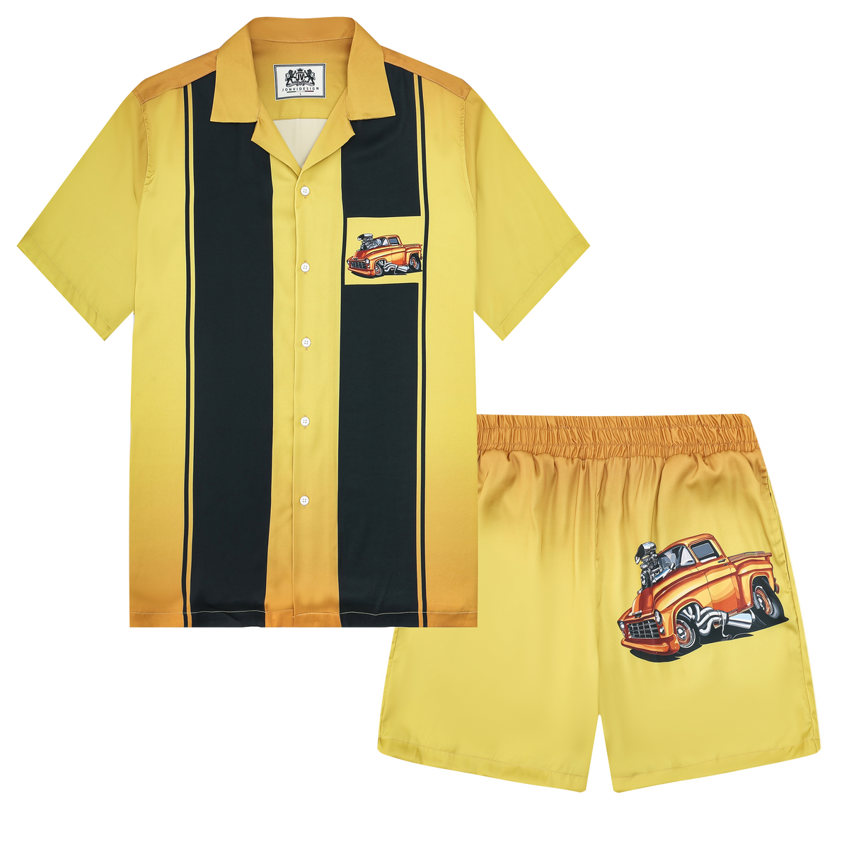 Red Modified Car Print Camp Collar Short Sleeve Shirt
