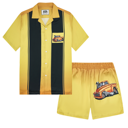 Red Modified Car Print Camp Collar Short Sleeve Shirt