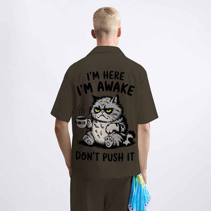 Funny Cat And Coffee Im Here Im Awake  Print Camp Collar Short-Sleeved Shirt