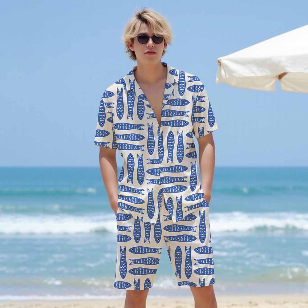 Summer Hawaiian Blue Fish Pattern Camp Collar Short Sleeve Shirt