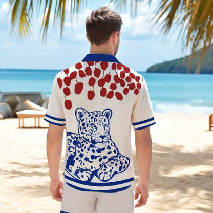Blue Leopard Print Camp Collar Short Sleeve Shirt
