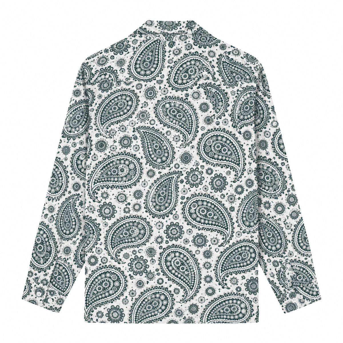 Dark green paisley cashew flower Print Long Sleeve Camp Collar Shirt