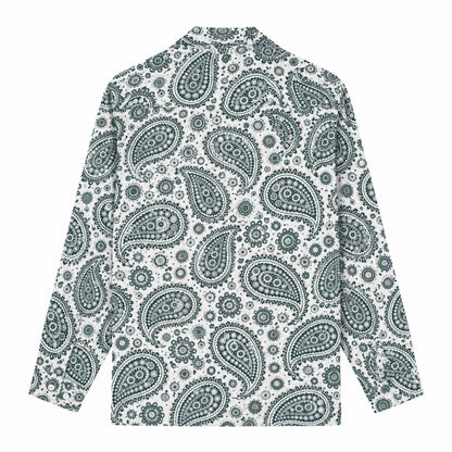 Dark green paisley cashew flower Print Long Sleeve Camp Collar Shirt