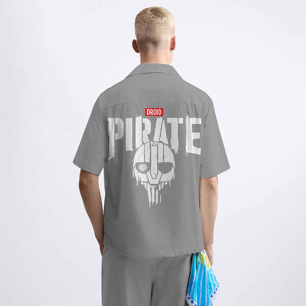 PIRATE Print Grey Camp Collar Short-Sleeved Shirt