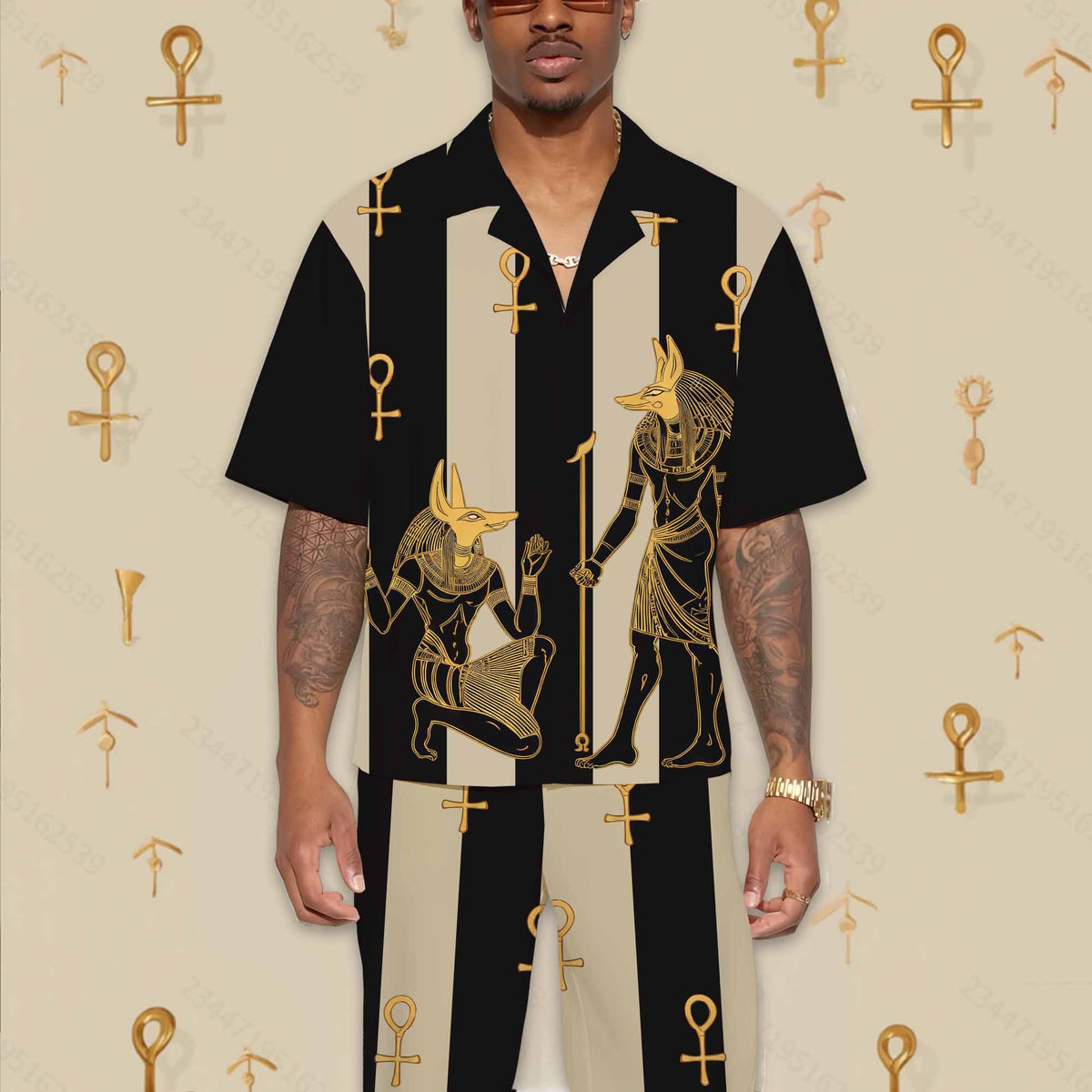 Ancient Egyptian Hieroglyph Pharaoh God Men's Camp Collar Short Sleeve Shirt