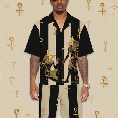 Ancient Egyptian Hieroglyph Pharaoh God Men's Camp Collar Short Sleeve Shirt