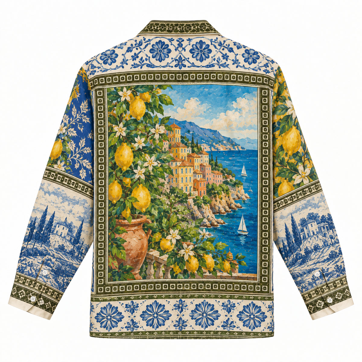Lemon Coast Oil Painting Print Long Sleeve Camp Collar Shirt