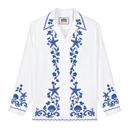 Blue White Coastal Starfish Shell Camp Collar Linen Shirt