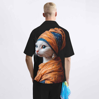 Funny Cat Girl With Pearl Earring Print Camp Collar Short-Sleeved Shirt