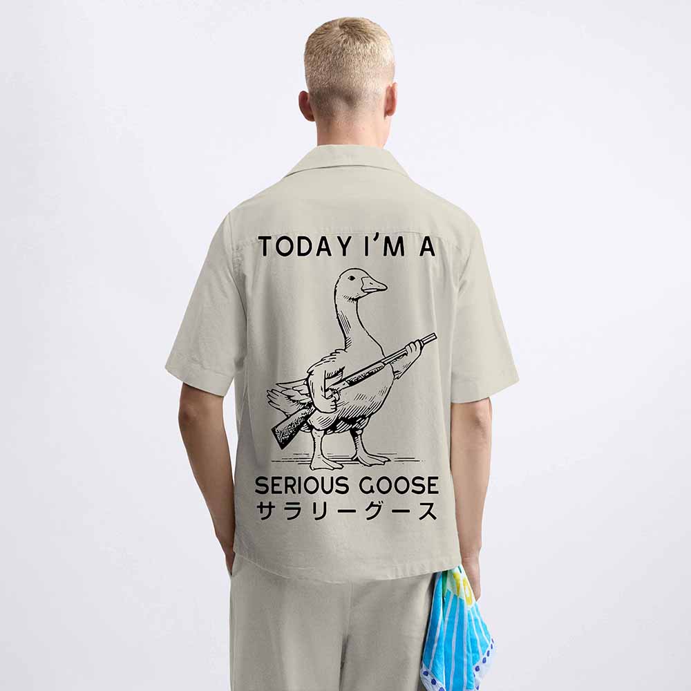 Today I'm A Serious Goose Print Camp Collar Short-Sleeved Shirt