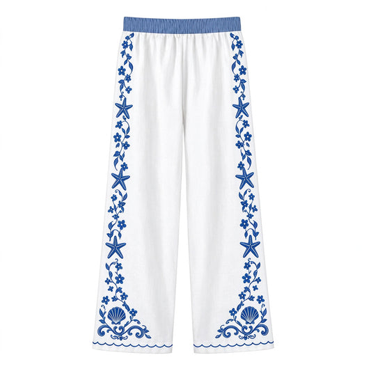 Blue White Coastal Starfish Shell Wide Leg Linen Pants