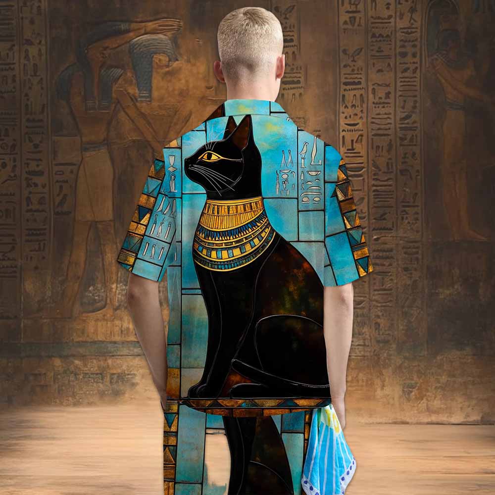 Ancient Egyptian Divine Black Cat Pattern Camp Collar Casual Short Sleeve Shirt
