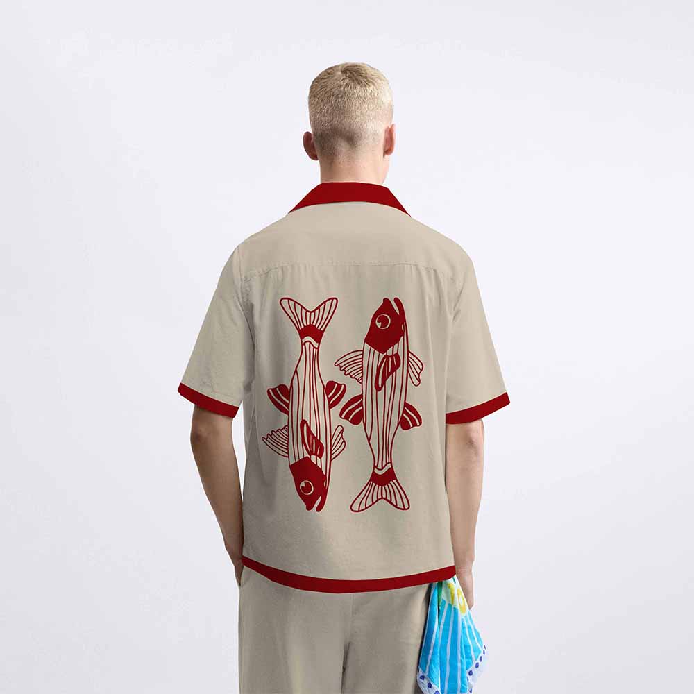 Khaki Retro Fish Pattern Camp Collar Short Sleeve Shirt